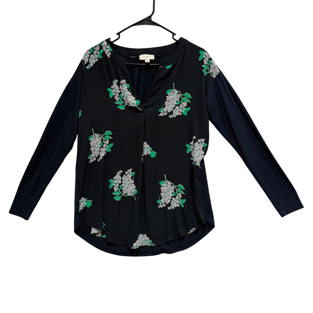 Loft Navy Blue Floral Mixed Media Split V-Neck Top Womens XS Long Sleeve casual